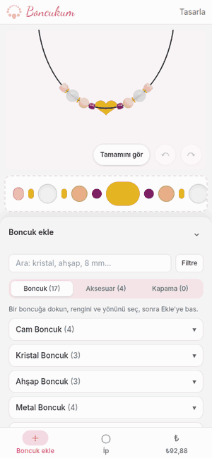Telefonda bir cam boncuk seçilip rengi değiştiriliyor ve Ekle ile kolyeye ekleniyor.